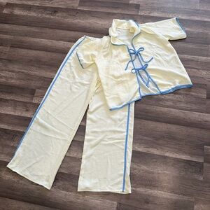 Cream Pajama Set with Blue Trim